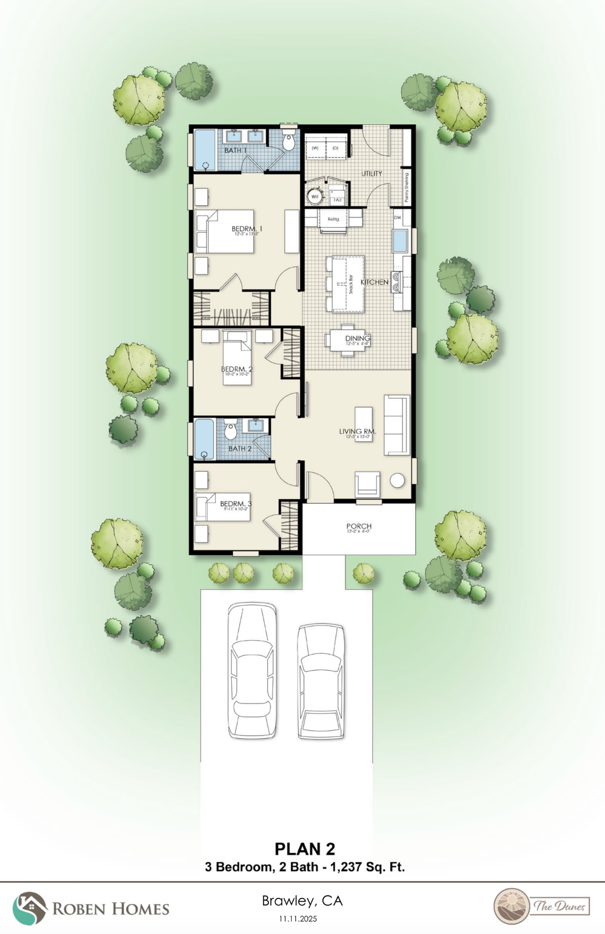 Plan 2 floor plan — 3 bed 2 bath 1,237 sq ft