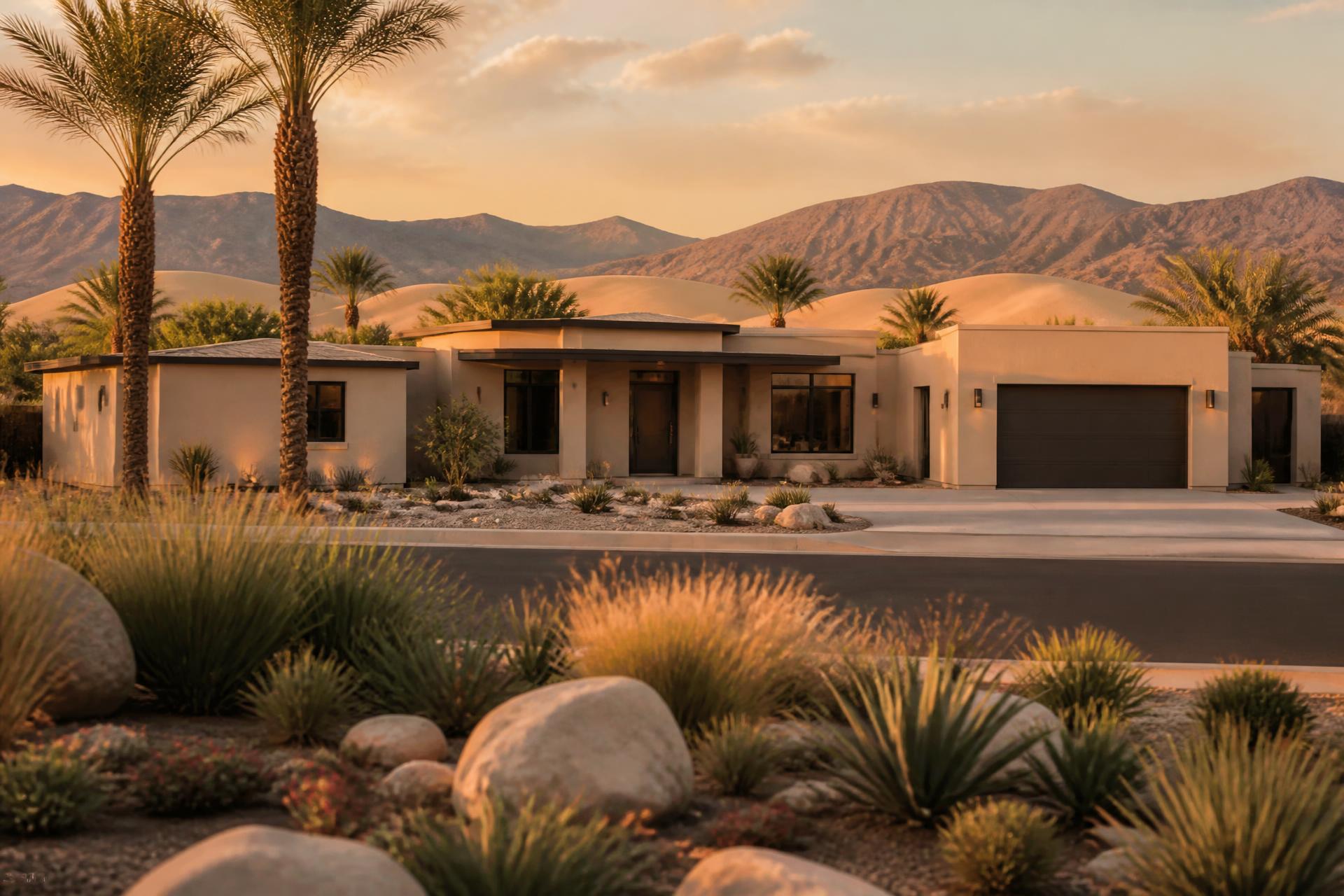 New construction home at The Dunes in Brawley, California with desert mountains at golden hour